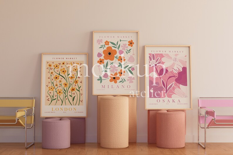 Retro Colorful Interior Wood Frame Mockup, 3 Frames Mockup, Preppy Wall Decor Mockup, Nursery Poster Mockup, A1 Frame Mockup, Digital Psd