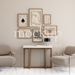 Gallery Frames Mockup, 6 Frames Mockup, Vintage Wall Art Set Mockup, Retro Walnut Frame Mockup, Poster Set Mockup, Retro Decor Mockup