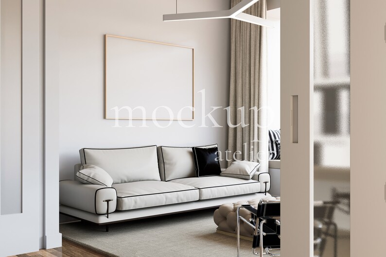 Modern Artistic Interior Horizontal Frame Mockup, Big Wood A0 Landscape Wall Art Mockup, Natural Light Apartment Mockup, Home Decor Mockup