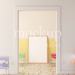 Preppy Interior A0 Wood Frame Mockup, Retro Modern Wall Art Mockup, Realistic Poster Shop Mockup, Warm Yellow Color Room Mockup, 4004