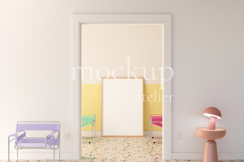 Preppy Interior A0 Wood Frame Mockup, Retro Modern Wall Art Mockup, Realistic Poster Shop Mockup, Warm Yellow Color Room Mockup, 4004