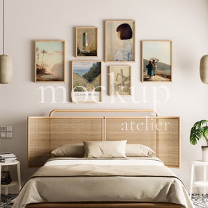 Boho Bedroom Interior Mockup, Set of 6 Posters Frame Mockup, Oak Frame Mockup, 5x7 Frame Mockup, Vertical Frame Bundle, Digital Download
