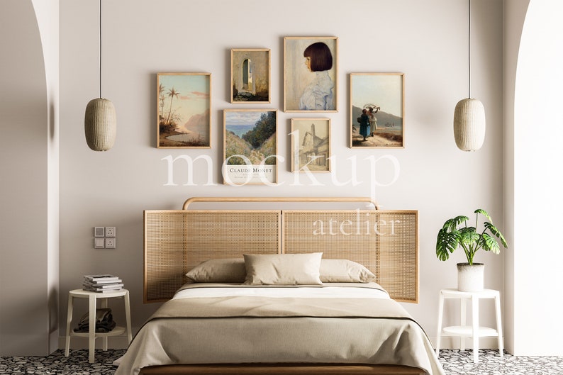 Boho Bedroom Interior Mockup, Set of 6 Posters Frame Mockup, Oak Frame Mockup, 5x7 Frame Mockup, Vertical Frame Bundle, Digital Download