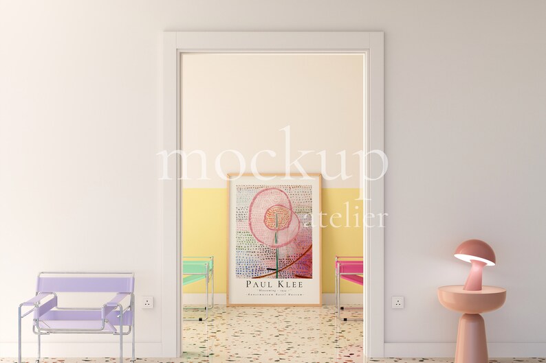 Preppy Interior A0 Wood Frame Mockup, Retro Modern Wall Art Mockup, Realistic Poster Shop Mockup, Warm Yellow Color Room Mockup, 4004