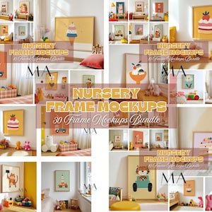 Paquete de maquetas de marcos de madera para habitación infantil, 30 maquetas de interiores para habitaciones infantiles, maquetas de decoración para bebés (PSD), maqueta de marco Photopea, maqueta de arte mural para habitación infantil