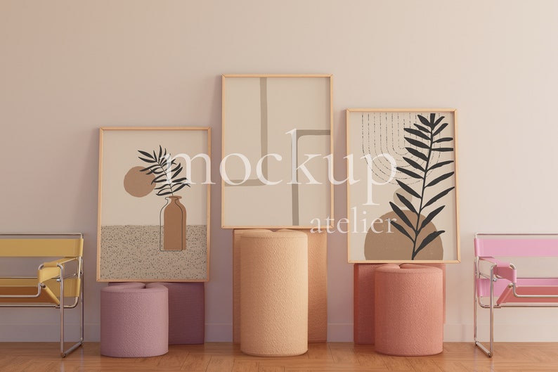 Retro Colorful Interior Wood Frame Mockup, 3 Frames Mockup, Preppy Wall Decor Mockup, Nursery Poster Mockup, A1 Frame Mockup, Digital Psd