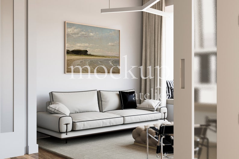 Modern Artistic Interior Horizontal Frame Mockup, Big Wood A0 Landscape Wall Art Mockup, Natural Light Apartment Mockup, Home Decor Mockup