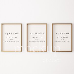 3 Vintage Gold Frames Mockup, Yellow Metal Frame Mockup, White Wall Mockup, 5x7 Ratio A4 Frame Mockup, Minimalist Interior Mockup, 164