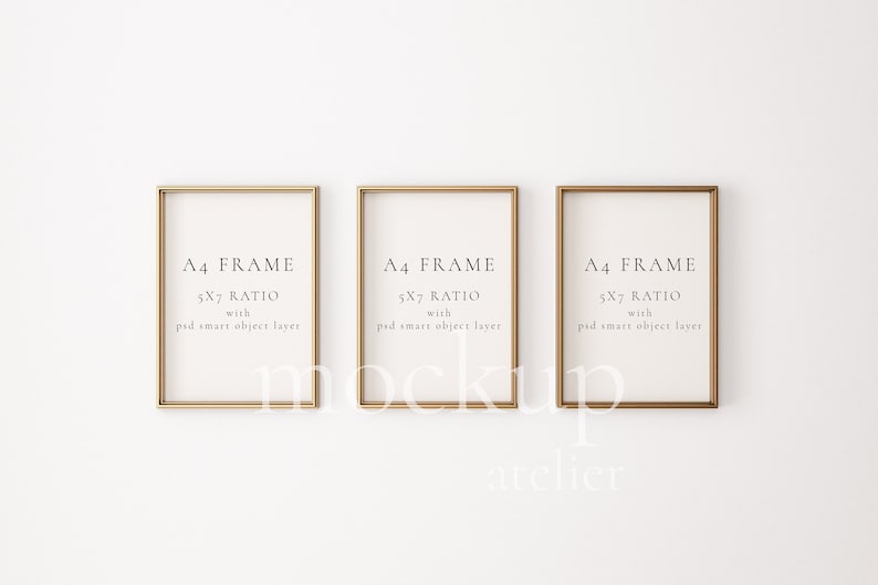 3 Vintage Gold Frames Mockup, Yellow Metal Frame Mockup, White Wall Mockup, 5x7 Ratio A4 Frame Mockup, Minimalist Interior Mockup, 164