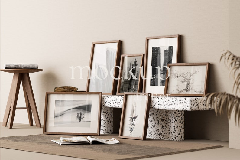 6 Wood Frames Mockup, Set of 6 Poster Mockup, Vintage Interior Wall Art Mockup, Boho Frame Mockup, Walnut Frame Mockup, Photo Frame Mockup