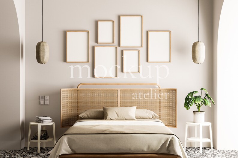 Boho Bedroom Interior Mockup, Set of 6 Posters Frame Mockup, Oak Frame Mockup, 5x7 Frame Mockup, Vertical Frame Bundle, Digital Download
