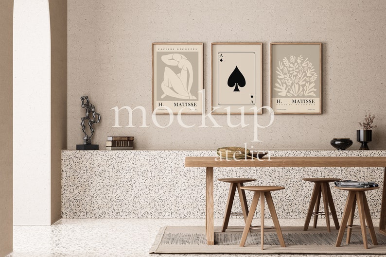 Set of 3 Prints Mockup, 3 Iso Wood Frames Mockup, Vintage Frame Mockup, Retro Interior Mockup, Digital Download, Mockup for Art Prints