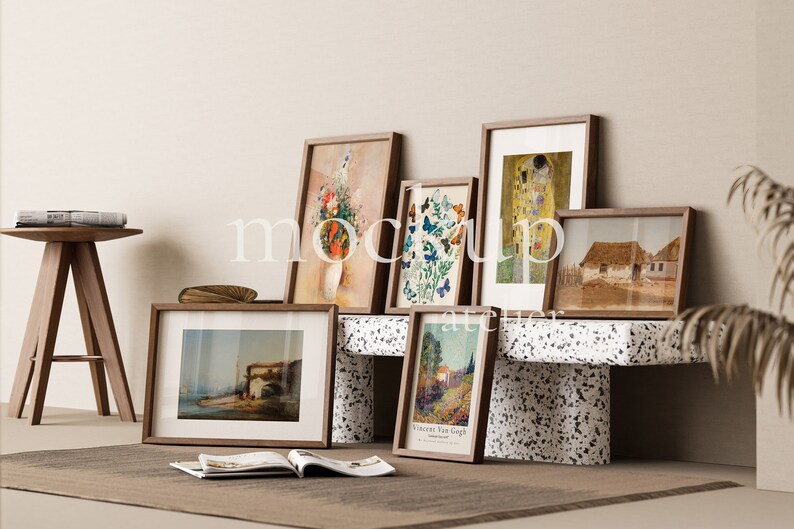 6 Wood Frames Mockup, Set of 6 Poster Mockup, Vintage Interior Wall Art Mockup, Boho Frame Mockup, Walnut Frame Mockup, Photo Frame Mockup
