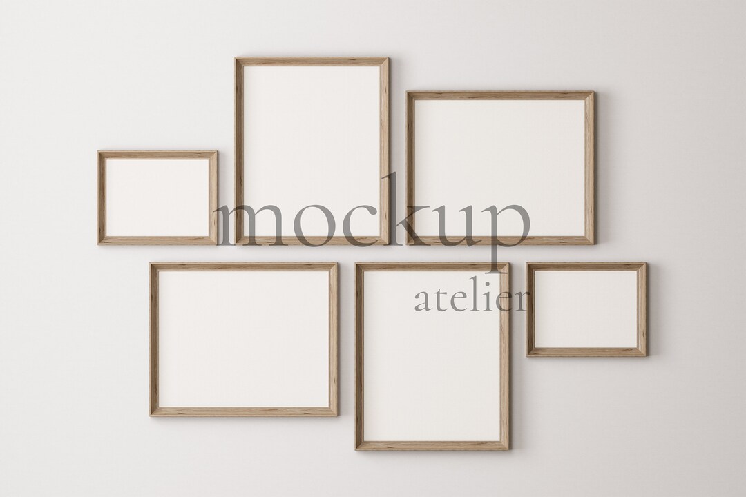 6 Wood Frames Gallery Set Mockup, Set of 6 Posters Mockup, Old Vintage