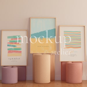 Retro Colorful Interior Wood Frame Mockup, 3 Frames Mockup, Preppy Wall Decor Mockup, Nursery Poster Mockup, A1 Frame Mockup, Digital Psd