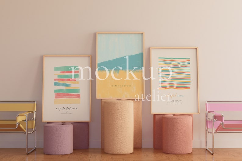 Retro Colorful Interior Wood Frame Mockup, 3 Frames Mockup, Preppy Wall Decor Mockup, Nursery Poster Mockup, A1 Frame Mockup, Digital Psd