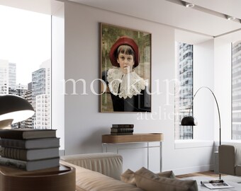 A0, Bright Interior Side View Wood Frame Mockup, Single Vertical Frame Mockup, Elegant Decor Wall Art Mockup, Glass Reflection Psd Mockup