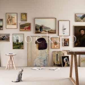 Gallery Wall Set Wood Frame Mockup, 17 Vintage Walnut Frame Mockup, Retro Atelier Mockup Scene, Wood Frame Set Mockup, Interior Mockup