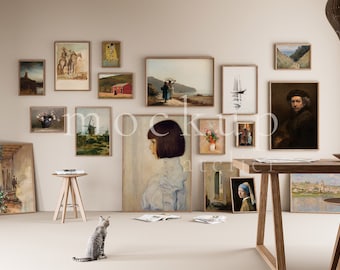 Gallery Wall Set Wood Frame Mockup, 17 Vintage Walnut Frame Mockup, Retro Atelier Mockup Scene, Wood Frame Set Mockup, Interior Mockup