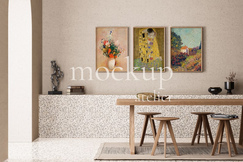 Set of 3 Prints Mockup, 3 Iso Wood Frames Mockup, Vintage Frame Mockup, Retro Interior Mockup, Digital Download, Mockup for Art Prints