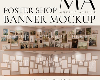 May include: A mockup of a poster shop with 51 blank frames in various sizes and orientations. The frames are arranged on a wall in a gallery setting. The frames are made of wood and have a natural finish. The frames are all empty and ready to be filled with posters or artwork. The text "MA MOCKUP ATELIER POSTER SHOP BANNER MOCKUP" is at the top of the image. The text "51 pieces 5x7 ratio wood frames included 8000x2000 pixels 300 pdi psd files with smart object layers" is at the bottom of the image.