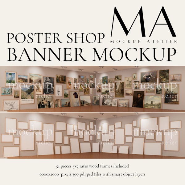 Frame Mockup Banner, Etsy Poster Shop Cover Image, Gallery Frame Mockup, Vintage Wood Frame Display, Frame Set Mockup, Art Print Shop Mockup