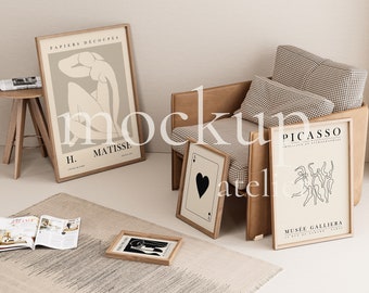 Vintage lijstmodel, retro interieurmodel, mockup walnoten lijst, gestileerde look mockup, neutraal licht mockup, minimalistisch houten model