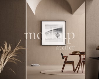 Square Frame Mockup, Black Frame Mockup with Passe Partout, Vintage Interior Scene, Retro Living Room Mockup, Digital Photo Frame Mockup