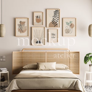 Boho Bedroom Interior Mockup, Set of 6 Posters Frame Mockup, Oak Frame Mockup, 5x7 Frame Mockup, Vertical Frame Bundle, Digital Download