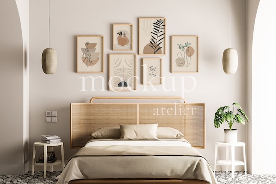 Boho Bedroom Interior Mockup, Set of 6 Posters Frame Mockup, Oak Frame Mockup, 5x7 Frame Mockup, Vertical Frame Bundle, Digital Download