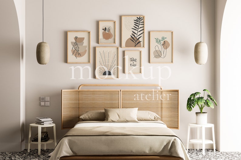 Boho Bedroom Interior Mockup, Set of 6 Posters Frame Mockup, Oak Frame Mockup, 5x7 Frame Mockup, Vertical Frame Bundle, Digital Download