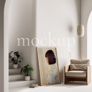 Konstnärlig inredning A0 träram mockup, vintage ram mockup, retro konstverk display, boho affisch mockup, vinkel konsttryck mockup för nedladdning