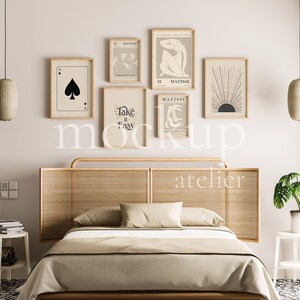 Boho Bedroom Interior Mockup, Set of 6 Posters Frame Mockup, Oak Frame Mockup, 5x7 Frame Mockup, Vertical Frame Bundle, Digital Download