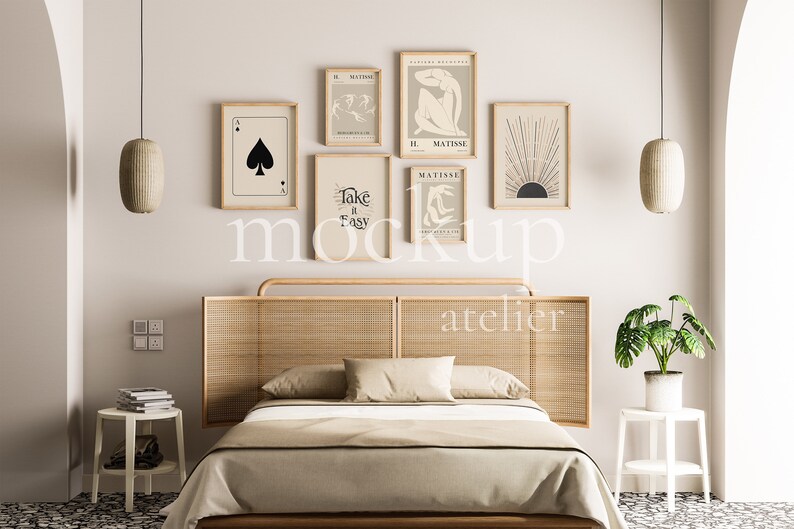 Boho Bedroom Interior Mockup, Set of 6 Posters Frame Mockup, Oak Frame Mockup, 5x7 Frame Mockup, Vertical Frame Bundle, Digital Download