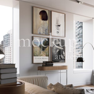 Modern Wall Art Set of 4 Frame Mockup, Chic Interior Wood Frame Mockup, Glass Reflection Poster Set Mockup, Realistic Home Decor Mockup