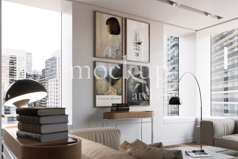 Modern Wall Art Set of 4 Frame Mockup, Chic Interior Wood Frame Mockup, Glass Reflection Poster Set Mockup, Realistic Home Decor Mockup