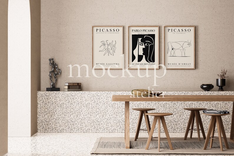Set of 3 Prints Mockup, 3 Iso Wood Frames Mockup, Vintage Frame Mockup, Retro Interior Mockup, Digital Download, Mockup for Art Prints