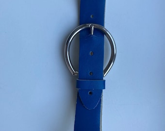 Vintage Blue Leather Belt w/Single Tongue Metal Buckle | Size 83