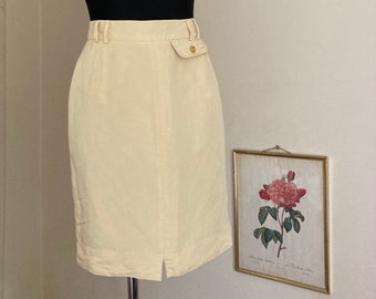 Vintage LAUREL by ESCADA 80s-90s Mini Skirt | Viscose/Linen/Silk Blend High Waist Short Pencil Skirt | Beige Buttermilk Yellow | DE36 M US6