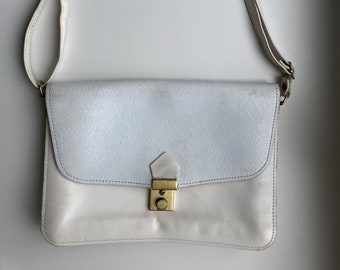 Bolsa tiracolo branca vintage | Parcialmente em couro | Estampa floral botânica gravada | 2 compartimentos, 2 bolsos com zíper