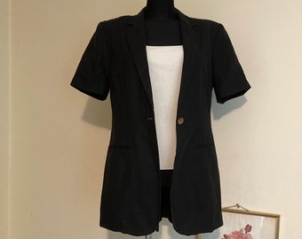 Vintage 90s Long Black Linen Blazer by OuiSet | Short Sleeves Long Trendy Jacket | Linen & Cotton Blend | Collared Neckline | DE38 M US10