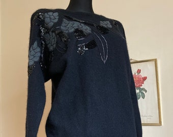 Vintage New w/Tags! Super Soft Sweater with Angora Wool by ViVien Forest | Cute Black Sweater w/Beads and Applique | Made in China | size L
