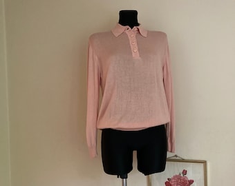Vintage Pink Pullover by Frieda Buttkewitz w/Silk & Cotton | Flattering Pale Pink Knit Top | Collared Button Up Long Sleeves | DE38-40 M/L