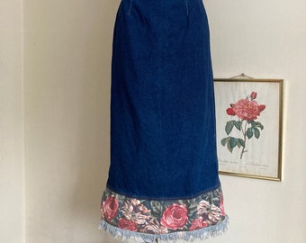 Vintage Blue Denim Long Skirt w/Cute Floral Trimming & Fringe Hem by St. Vermeer | High Waist | Very Much Boho and Hippie | DE36-38 M US 6-8