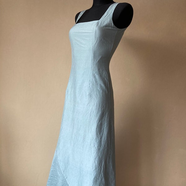 Vintage Raw Silk Maxi Dress by Tintoretto | Gorgeous Light Powder Blue Mermaid Formal Gown | Sleeveless Strap Square Neckline | DE34 FR36 S