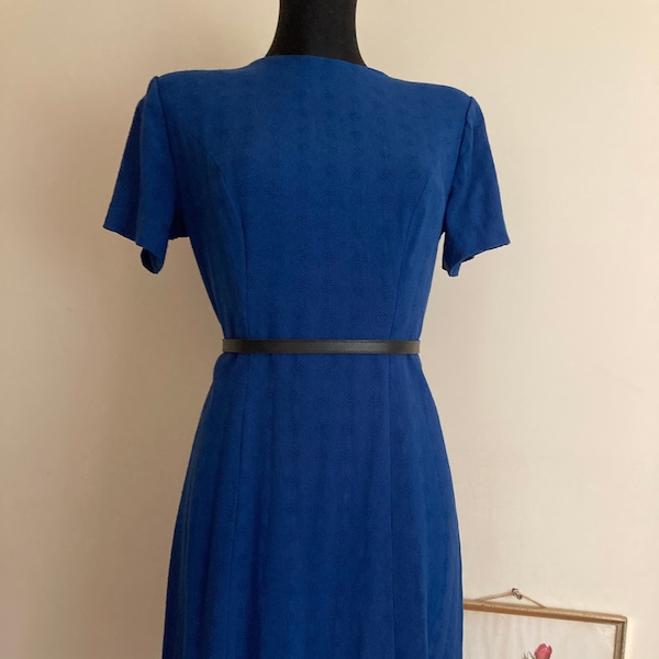 vintage années 60-70 Blue Mod Robe à manches courtes | Robe courte et élégante en mélange de laine sur mesure | Robe droite bleu marine amiral | DE38-40 ML US8-10