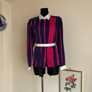Vintage Silk Striped Blouse by Yarell | Button Down Collared Shirt in Navy Blue Pink w/White Collar & Cuffs | Color Blocking | DE 42 M-L