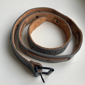 Vintage Grey Thin Leather Belt w/Small Black Single Tongue Buckle and Tooled Decorated Strap | 40.5/103 cm