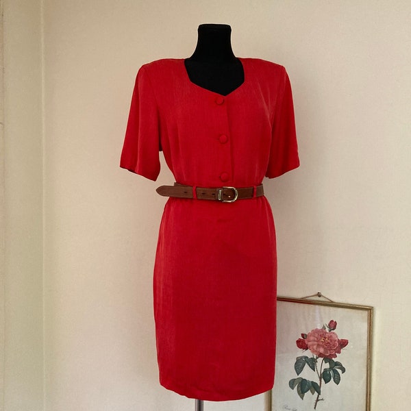 Vintage 80s Cupro/Viscose Skirt Set by NP+ Collection | Made in Finland | Elegant Red Short Sleeve Shirt & Pencil Skirt | Fits DE42-44 L/XL
