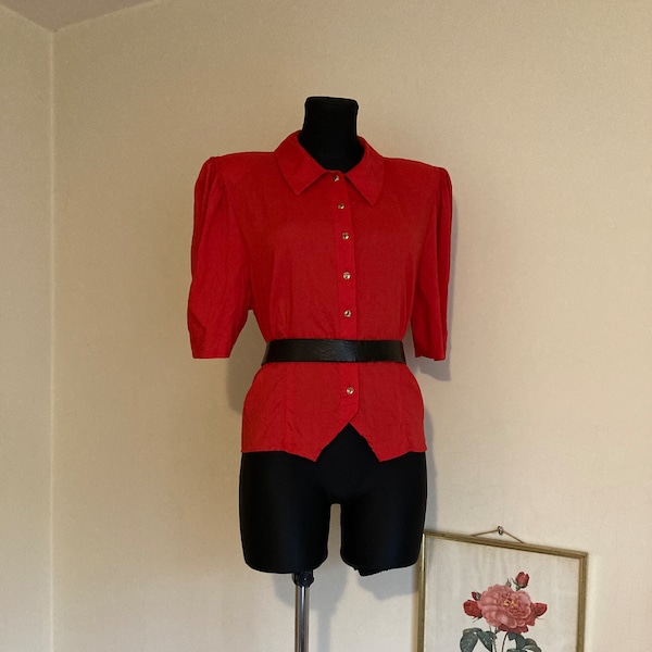 Vintage 80s Linen Blend Blouse by Collektion Sandrine in Red | Half Sleeve Shirt Button Down w/Shoulder Pads & Golden Buttons | US12 DE42 L